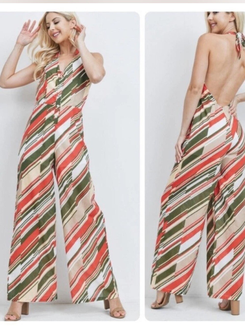 PEACH LOVE CALIFORNIA Striped Halter Palazzo Pants Jumpsuit in Olive & Rust - Picture 4 of 11